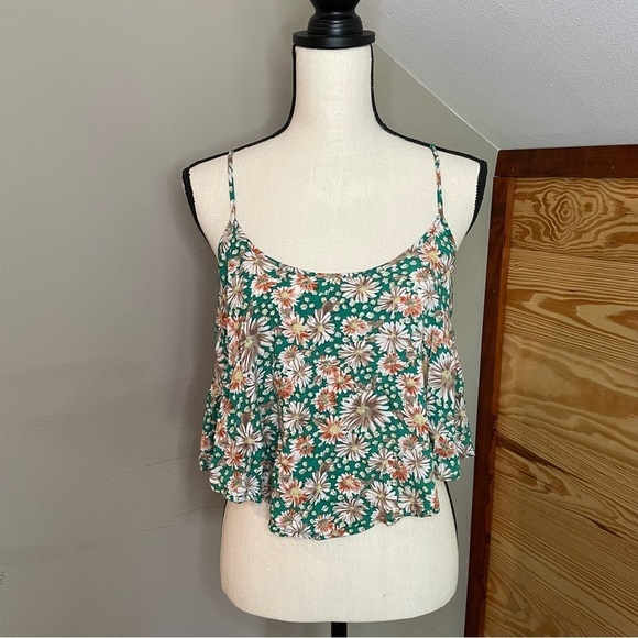 Timing Green Floral Spaghetti Strap Flowy Crop Tank Top Large - Picture 1 of 7